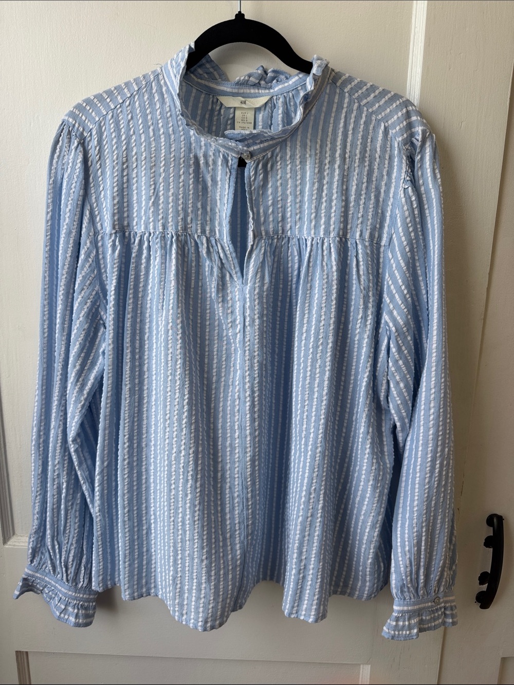 H&M Light Blue and White Striped Ruffle-Neck Blouse